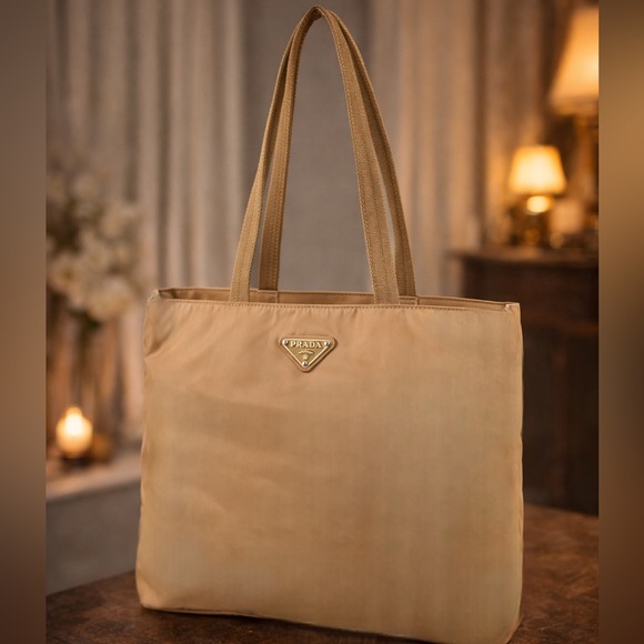 PRADA Tote Bag Nylon Beige Auth ti2720